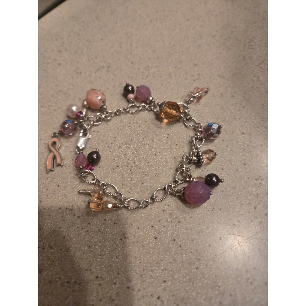 Breast Cancer Awareness Pink Ribbon Charm Bracelet Glass Beads Silver Tone - Picture 2 of 2